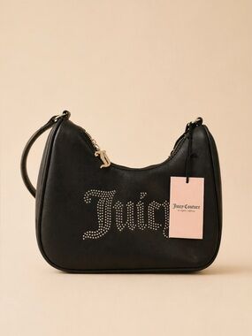 Juicy Couture Black Studded Logo Crescent Bag 🖤✨ Gold Hardware • Y2K Shoulder